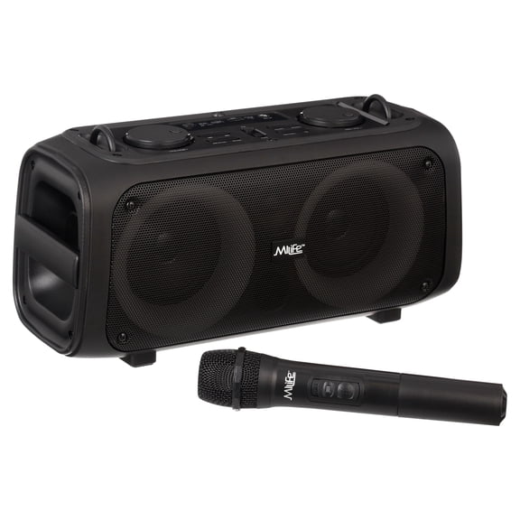 MiLife Portable Bluetooth Party Speaker Multi Color LED Lights Includes Wireless Microphone FM Radio Black