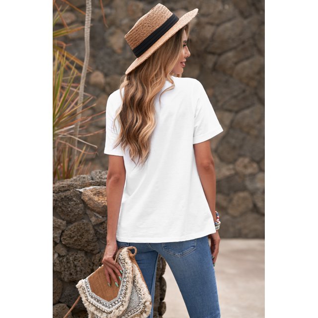 ABPHQTO Camiseta de manga corta enrollada de color sólido blanco para mujer