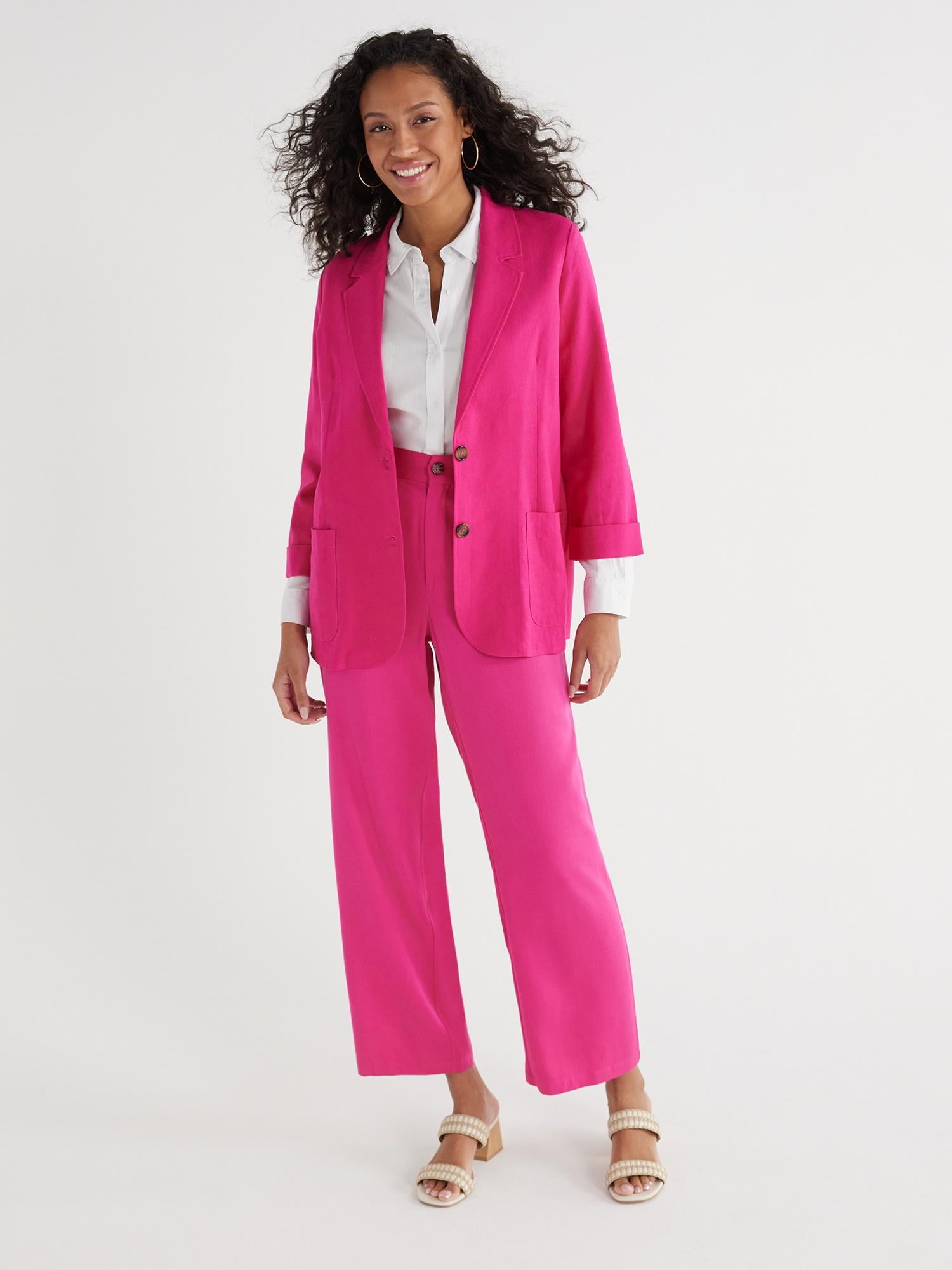 Time and Tru Women’s Linen-Blend Button Front Blazer with Patch Pockets, Sizes S-XXXL