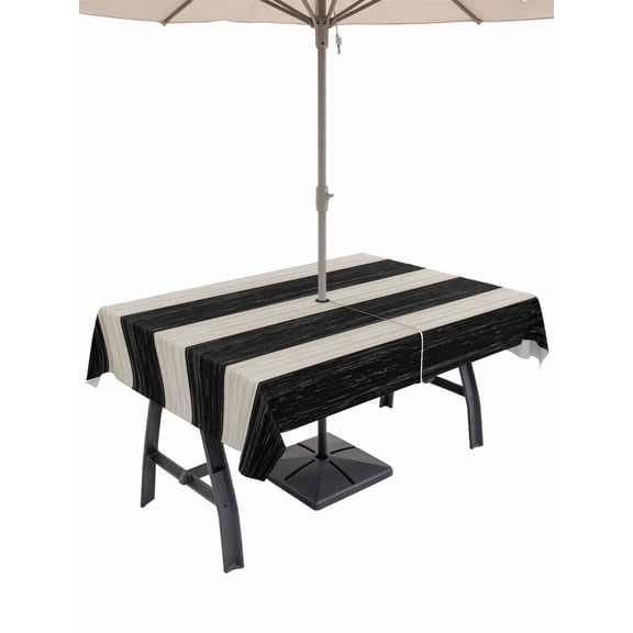 Outdoor Tablecloths with Umbrella Hole & Zipper, Black White Striped 54x80 Inch Tablecloth Rectangle, Farmhouse Vintage Shabby Chic Wood Grain Waterproof Table Cloth, Patio/Pool/Picnic Table Covers