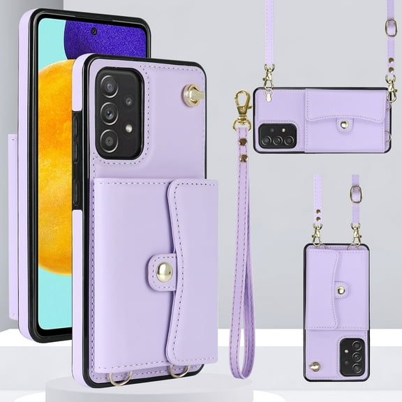 ELEHOLD for Samsung Galaxy A13 4G Multi-Functional Wallet Case Organ Card Slots RFID Blocking Stand Function Wrist Strap Crossbody Shoulder Strap Shockproof Purse Case,purple