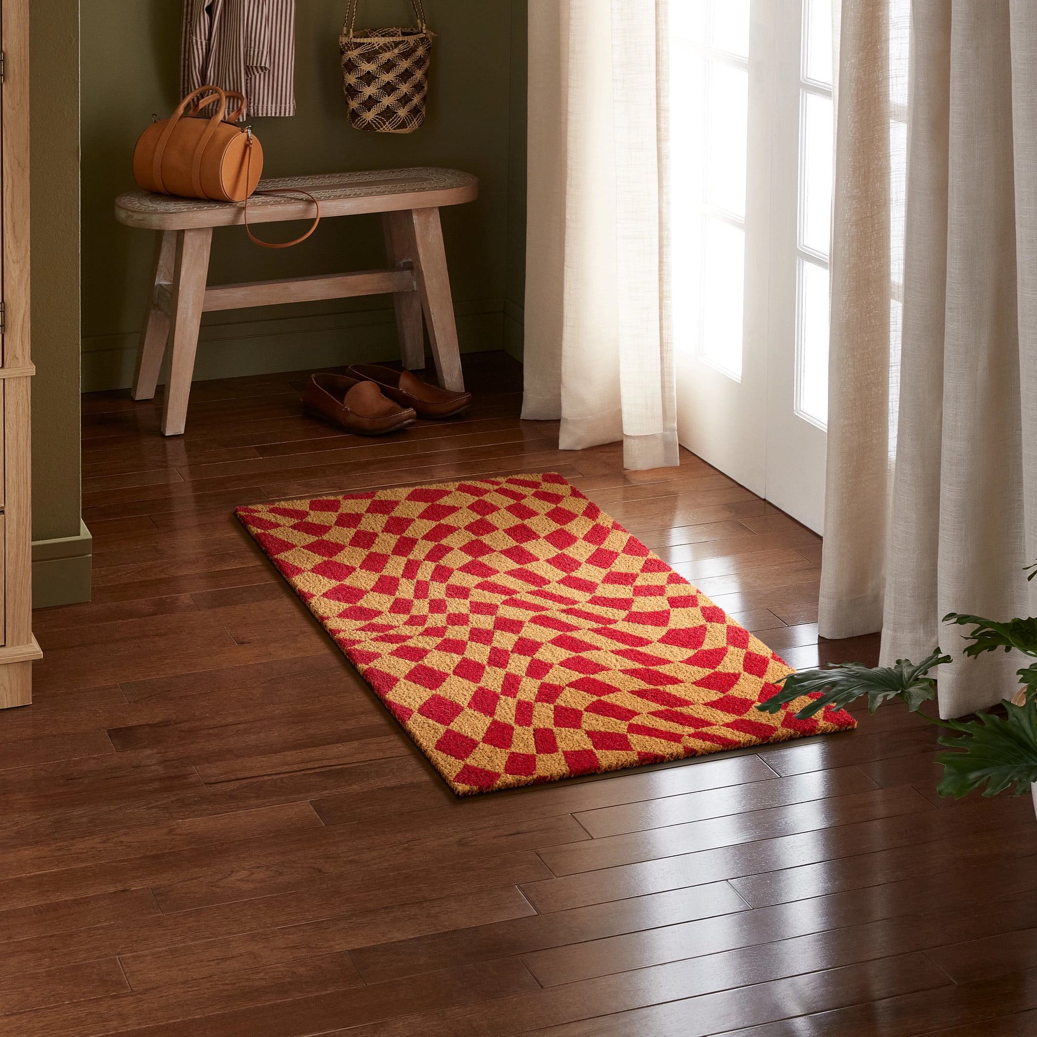 TOWN & COUNTRY TERRA Emmett Groovy Checkerboard Outdoor Door Mat, Natural Coir, Heavyweight, Non-Slip Entryway Mat, Red, 18"x30"