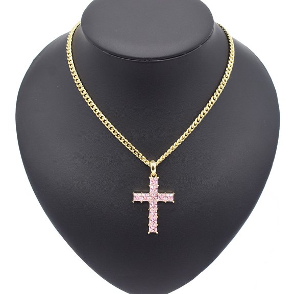 Unisex Men Women 18k Real Gold Plated Set Miami Cuban Chain With Hip Hop Cross With Ping Diamonds Stone Charm
