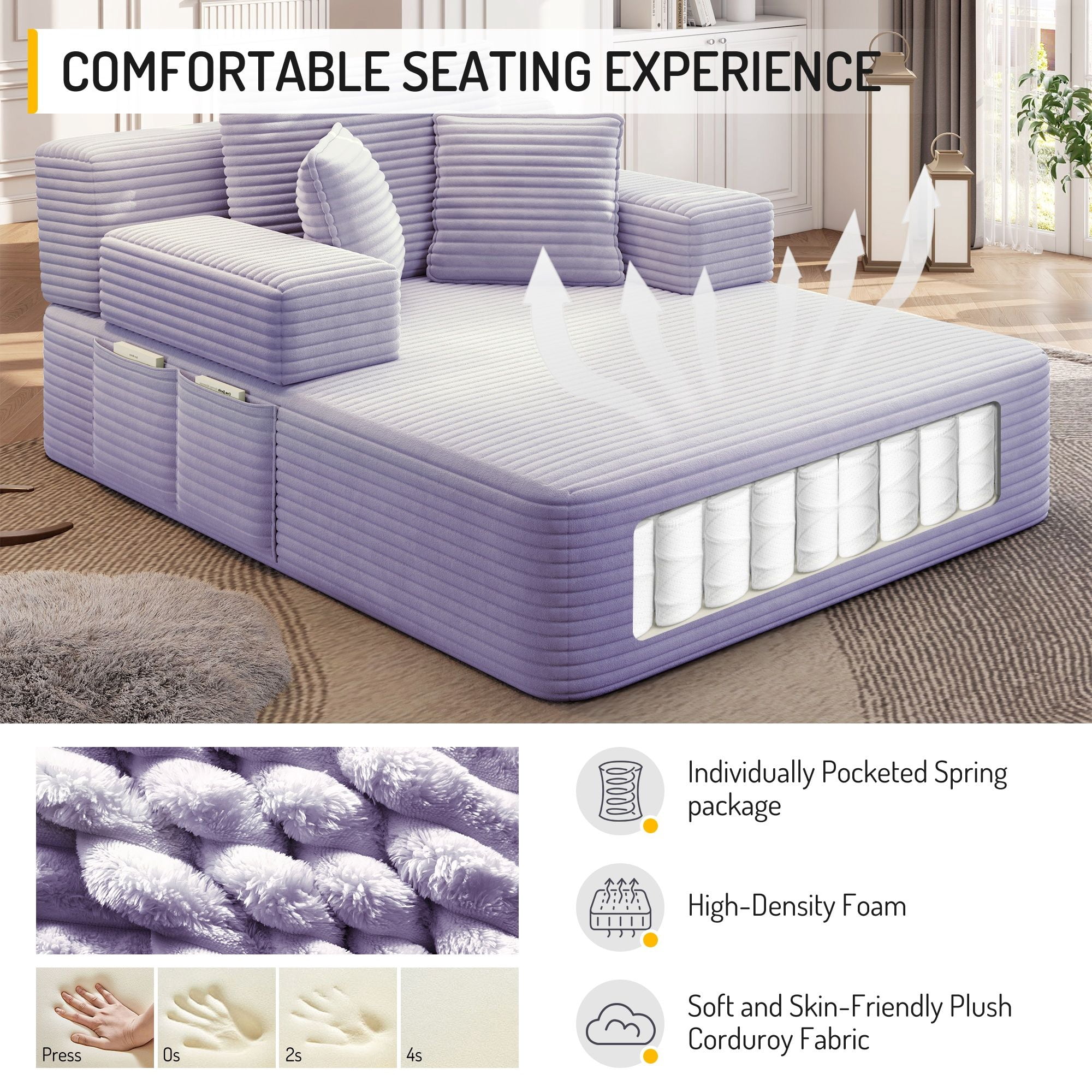 Alvantor Oversized Corduroy Convertible Chaise Lounge Sofa Bed, Purple