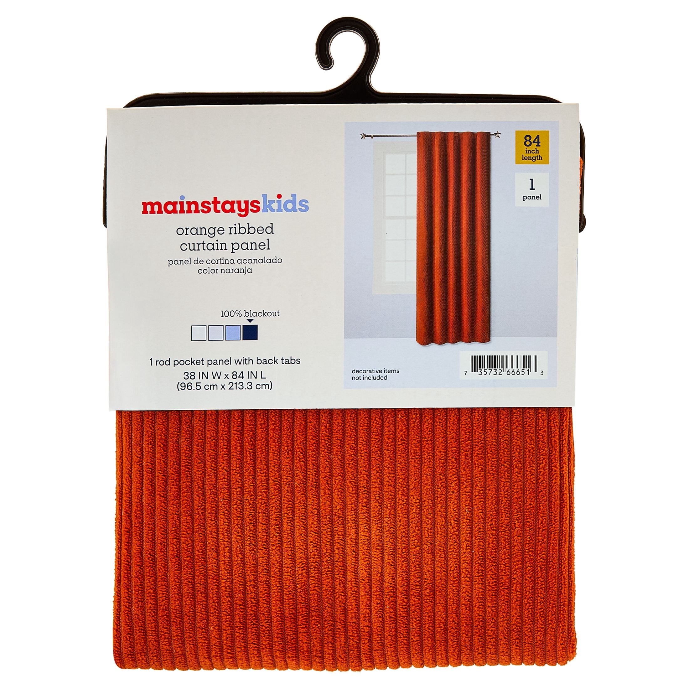 Mainstays Kids Orange Solid Ribbed Corduroy Blackout Rod Pocket with Back Tabs Single Curtain Panel, Set of 1, 38" W x 84" L