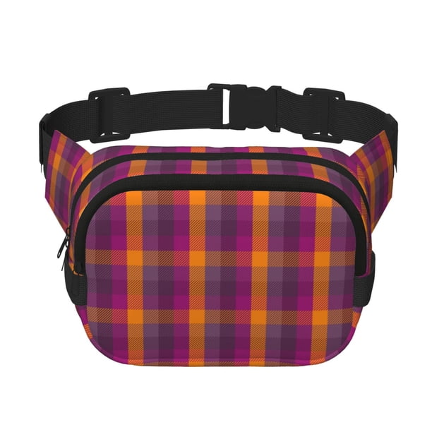 Fotbe Orange and Purple Plaid Cangurera Cuadrada con Estampado de Doble Capa, Bolsa de Cintura Ajustable Mini para Hombres y Mujeres