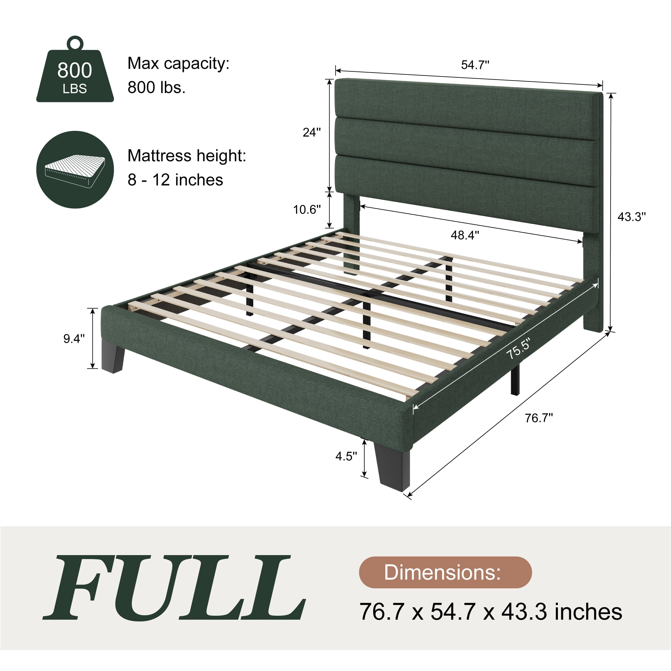 Amolife Full Bed Frame, Platform Bed Frame with Chenile Fabric Upholstered Slat Headboard, Green