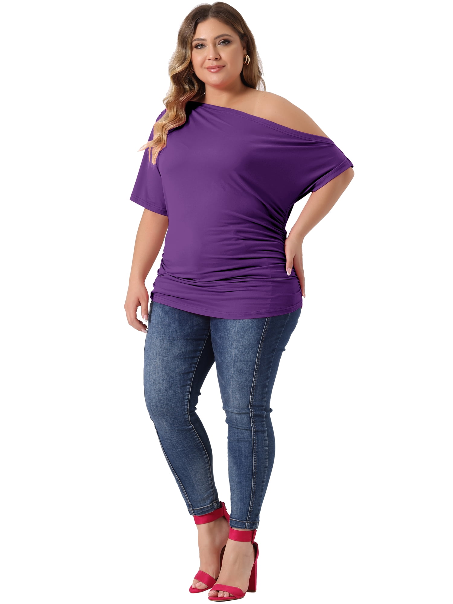 Women's Plus Tops One Shoulder Short Sleeve Ruched Basic Blouses Summer Tee Tops 4X Dark Purple