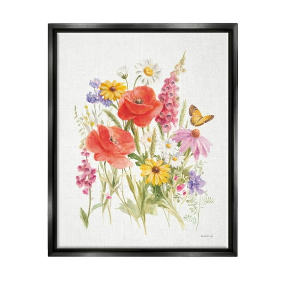 Stupell Industries Mixed Flower Arrangement Butterfly Graphic Art Jet Black Floating Framed Canvas Print Wall Art, Design by Danhui Nai