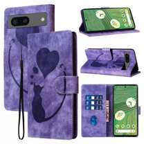 Compatible with Google Pixel 8A Case Wallet Case with Kickstand Credit Card Holder Slot,Cute Cat & Love Heart Embossed Cover,Magnetic Closure Wrist Strap Luxury PU Leather Case,Purple
