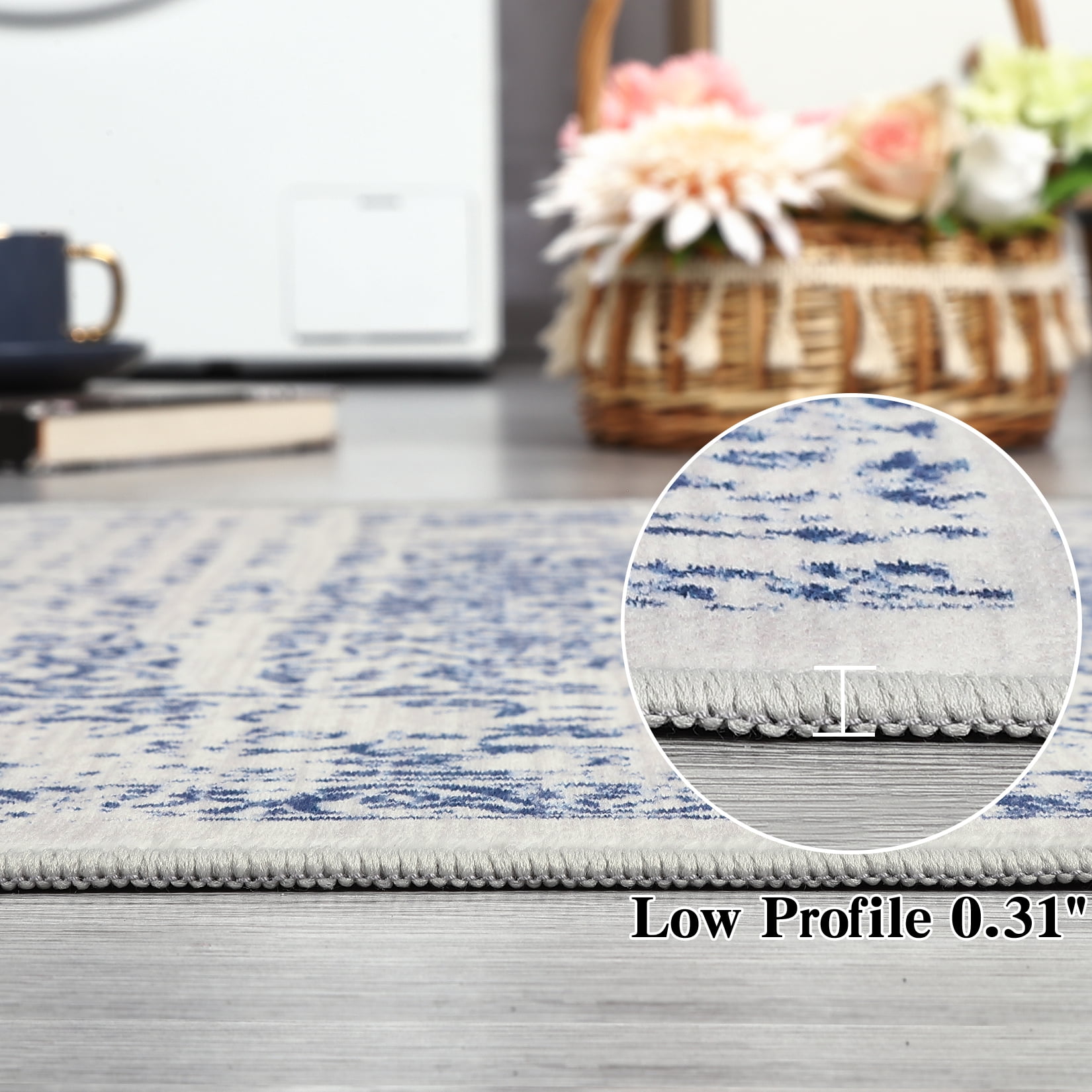 Hasoo 2' x 6' Runner Rug for Hallway Boho Vintage Rug Non Slip Floral Indoor Carpet, Blue