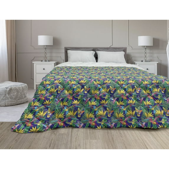 Flamingo Down Alternative Comforter, Silhouette of Tropical Beach Birds in Soft Tones Exotic Illustration, Microfiber Quilt for All Season, 5 Sizes, Pale Blue and Cream, by Ambesonne