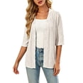 thumbnail image 2 of Plus Size Womens Crochet Cardigan Short Sleeve,Cropped Open Front Summer Sweater Lightweight Shrug,Boho Knit Cover Up with Wavy Cuffs for Casual Daily Wear Beige XXL, 2 of 5