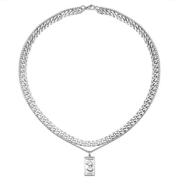 Osdhezcn Men's Double Layered Chain Necklace Punk Silver Rectangular Pendant Necklace with Cuban Link Chain for Fashion Men