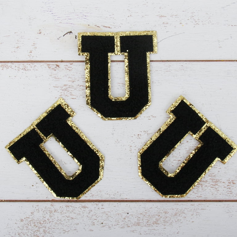 3 Pack Chenille Iron On Glitter Varsity Letter F Patches - Black
