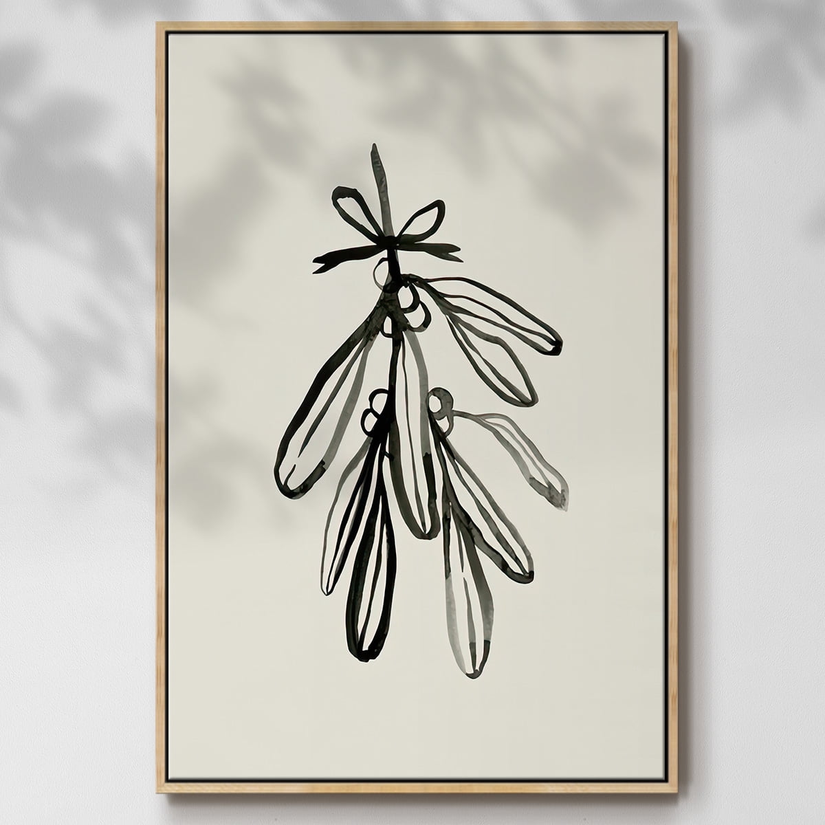 Mistletoe Sketch with Bows I - Framed Gallery Wrapped Holiday Canvas - 17 x 25 - Natural Wood Frame