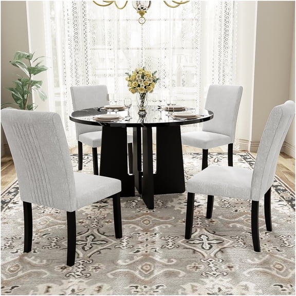5-Piece Round Dining Table Set with Upholstered Chairs, Beige and Black Kitchen Table for 4, Modern Dining Room Furniture
