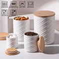 thumbnail image 4 of Ceramic Canisters Sets for Kitchen Countertop, Relief Food Storage Jar with Bamboo Lid, Stackable Container for Flour, Coffee, Pasta, Cereal, Tea, Cookies, Sugar, Spices, Pack of 4 (White), 4 of 7