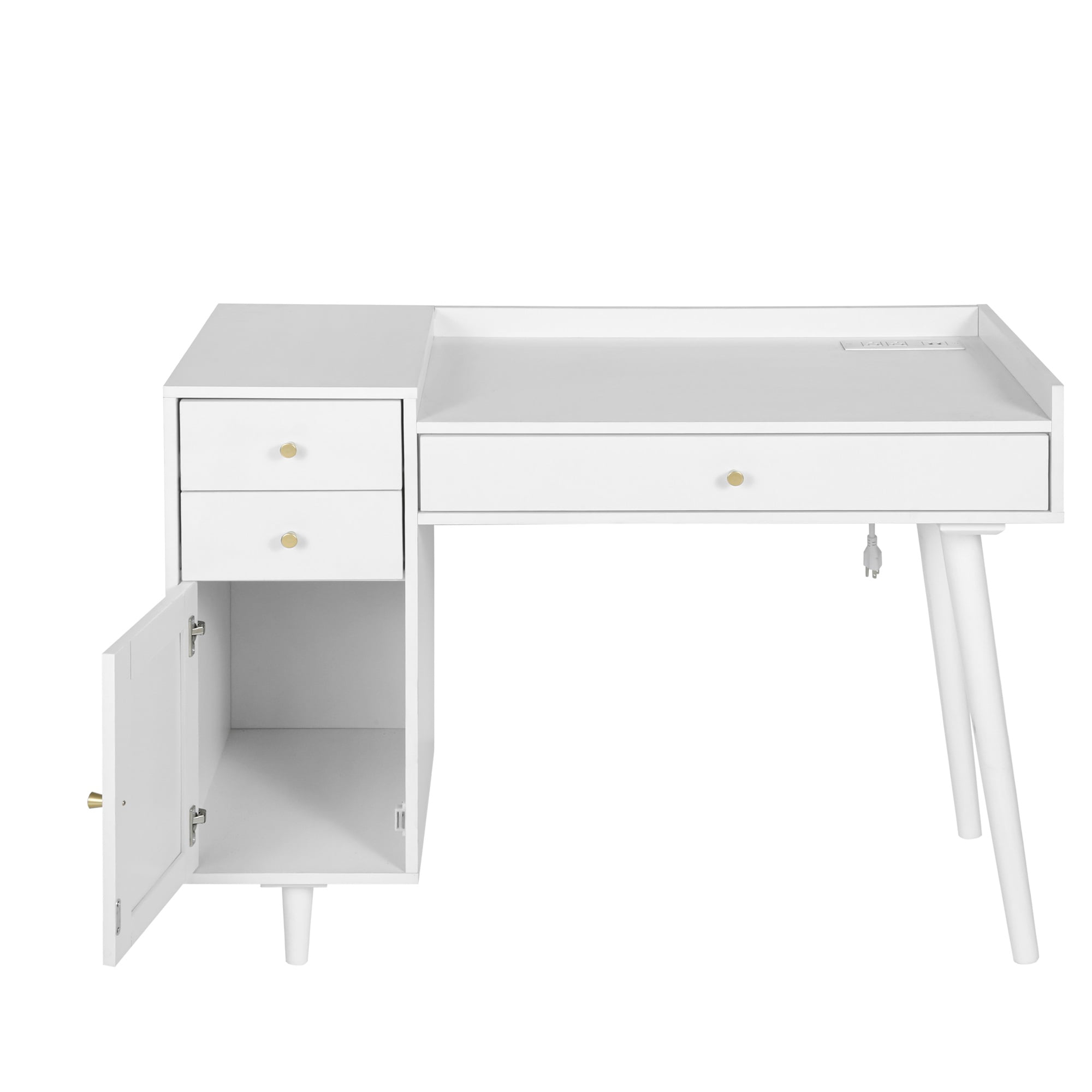 Spaco Modern Makeup Vanity with 3 Drawers, Dressing Table Wood Desk with Rattan Door, White Spaco Modern Makeup Vanity with 3 Drawers, Dressing Table Wood Desk with Rattan Door, White