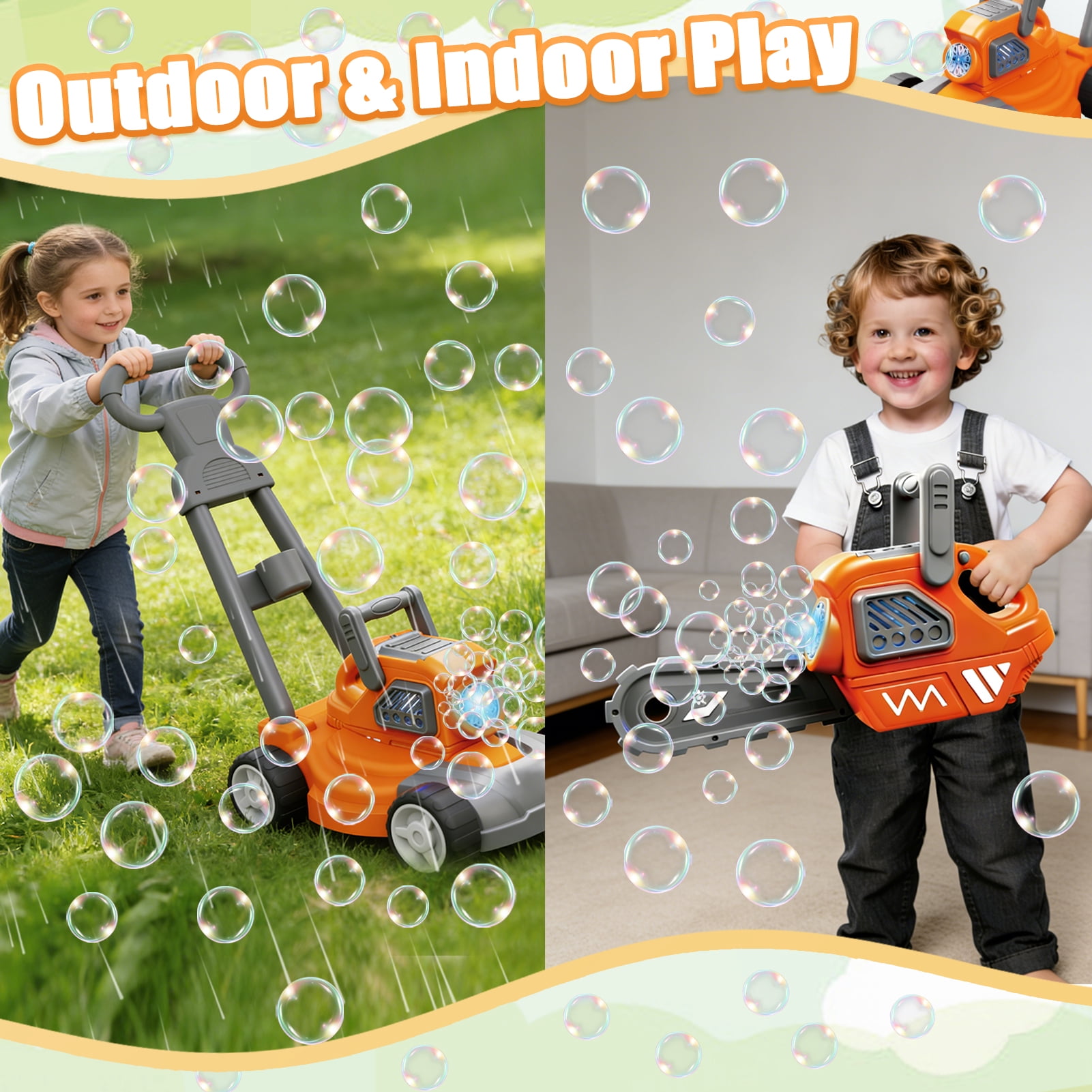 Sunforu 3PC Bubble Machine Toy Set for Toddlers, Include Bubble Lawn Mower,Saw & Watering Can, Indoor Outdoor Play Push Toy for Boy Girl