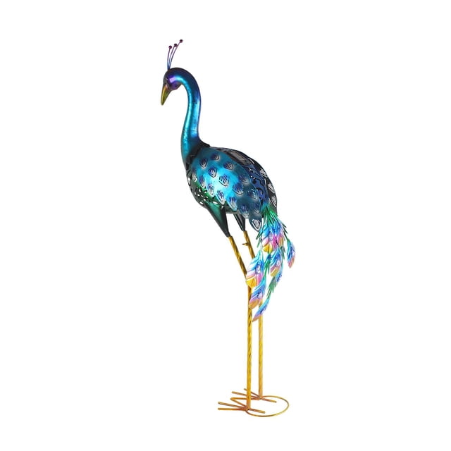 Figura de animal para exteriores, realista, portátil, de hierro, para decoración de patio pavo real azul