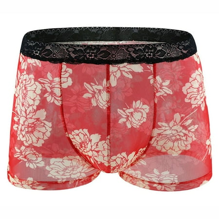 

ALSLIAO Men See-through Boxer Briefs Sheer Mesh Pouch Underwear Shorts-Trunks Lingerie Red XL