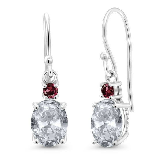 Gem Stone King 10K White Gold White Topaz and Red Rhodolite Garnet Dangle Earrings for Women (2.78 Cttw, Gemstone Birthstone, Oval 8x6mm)
