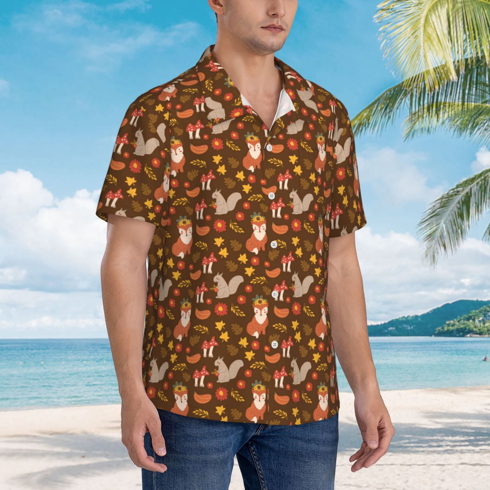 Logiee Autumn Thanksgiving Print Mens Hawaiian Shirts,Loose-Fit Short Sleeve Button Down Tropical Aloha Beach Shirt,Summer Vacation Wedding Tops,Large