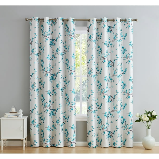 Hlc Me Jasmine Fl Faux Silk 100 Blackout Room Darkening Thermal Insulated Energy Efficient Curtain Grommet Panels Pair 52 X 96 Teal Blue Com Hlc Me Jasmine Fl Faux Silk 100, Teal Grommet Curtain Panels