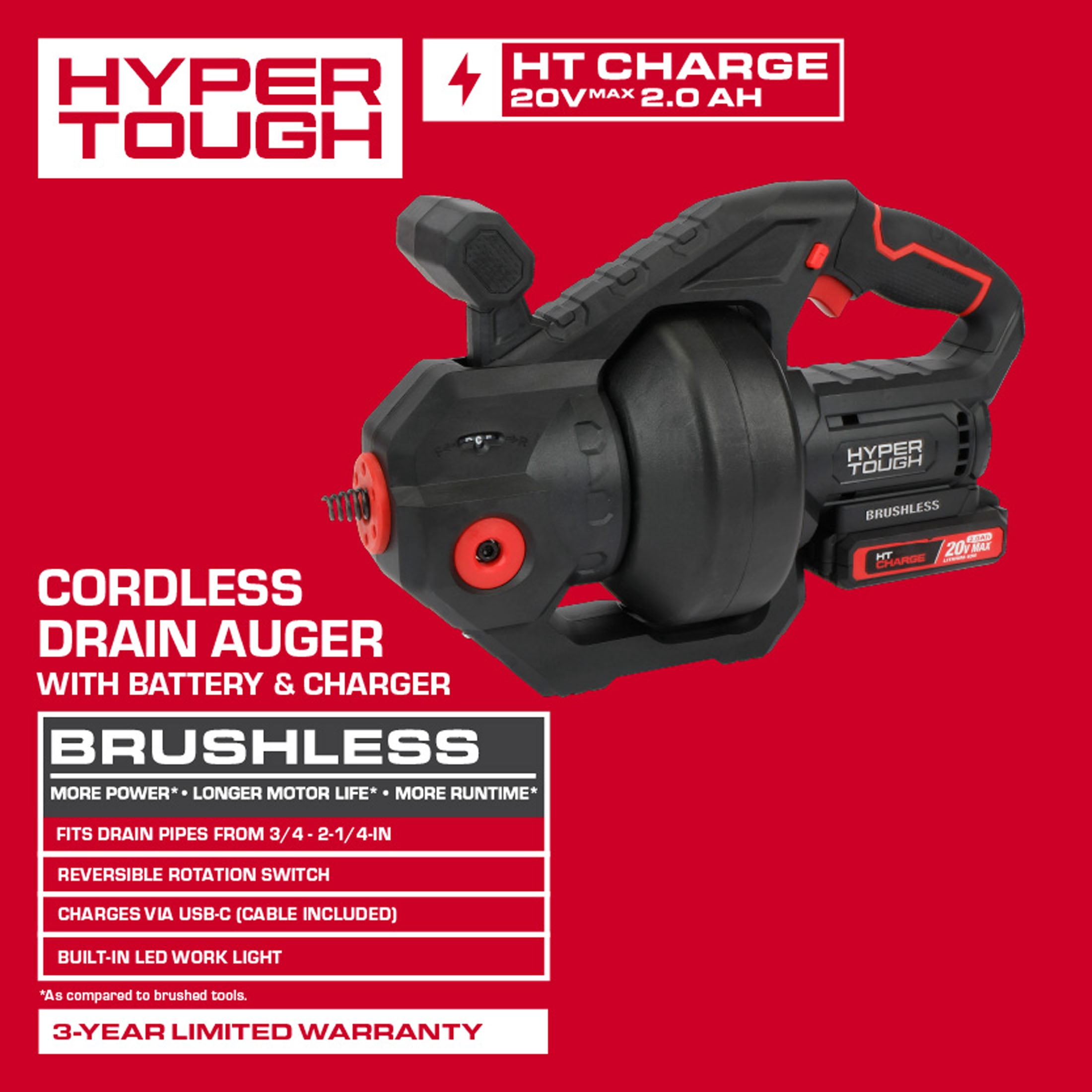 Hyper Tough 20V Max Cordless Brushless Drain Auger with 2.0Ah Battery