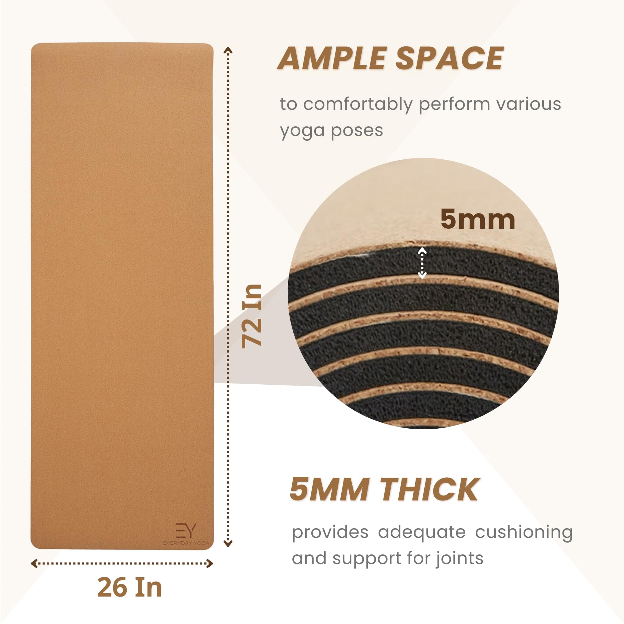 Everyday Yoga Cork Mat, Non-Slip & Eco-Friendly, 6ft - Ideal for Hot Yoga
