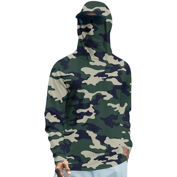 longantii Sun Shirts for Men Quick Dry Long-Sleeved T-Shirts with Mask Comfy Breathable Hoodie Camouflage Color Fishing Shirts Summer Clothes Green XL