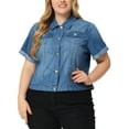thumbnail image 1 of GRACE & GRANDEUR Women's Plus Size Denim Jacket Button Front Crop Jean Short Sleeve Trucker Jackets Sky Blue 2X, 1 of 5
