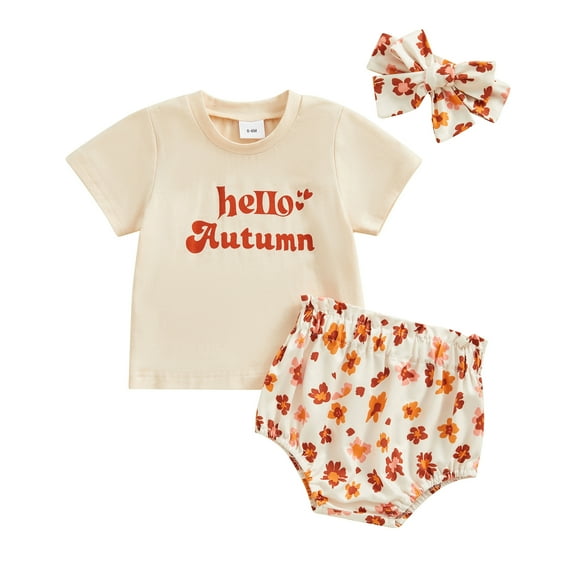 Musuos Baby Girls Shorts Set, 3 6 12 18M Short Sleeve Letters Print T-shirt with Flower Print Shorts and Hairband Summer Outfit
