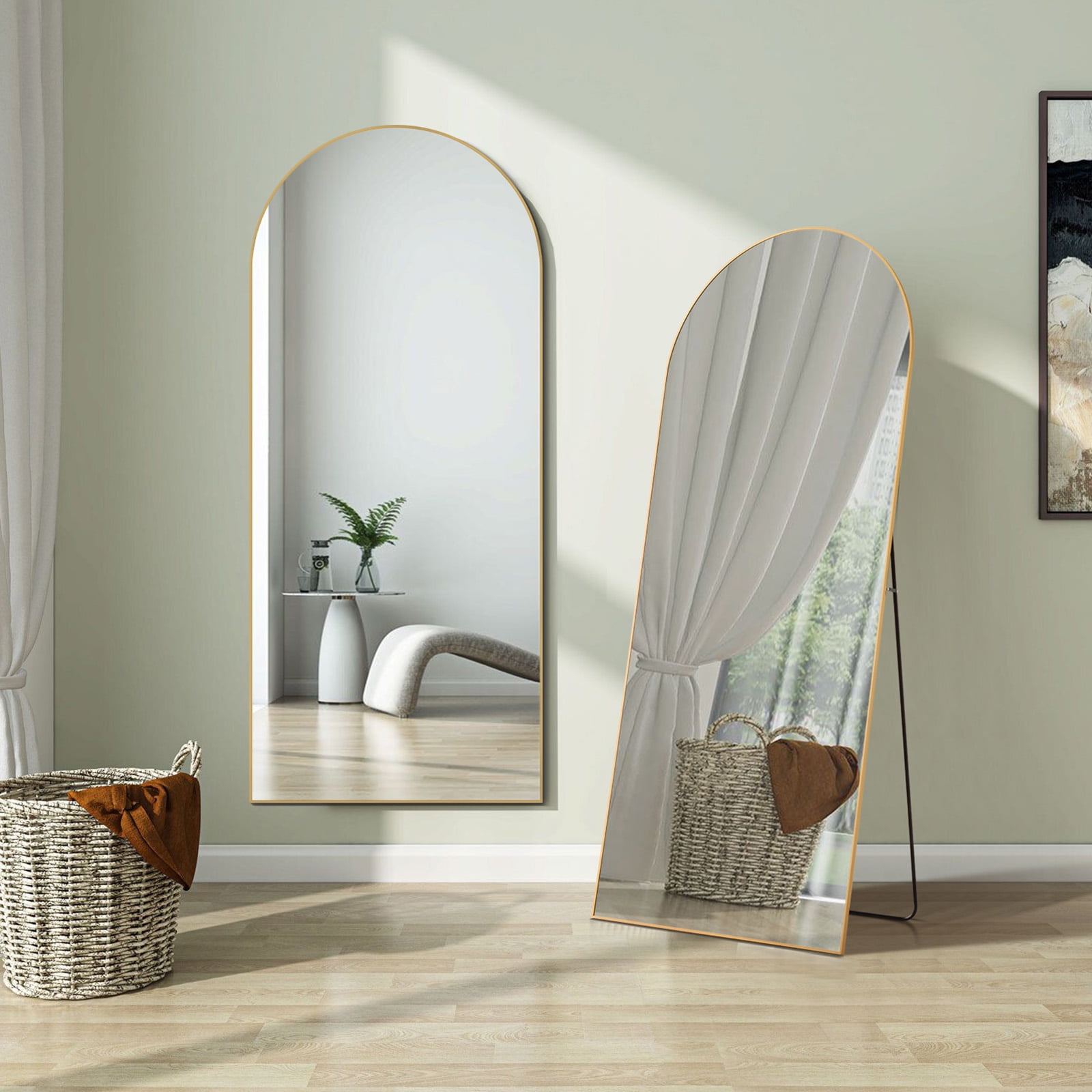 Zunmos 64"x21" Arched Full-Length Mirror with Stand or Wall, Gold Aluminum Frame for Bedroom or Livingroom