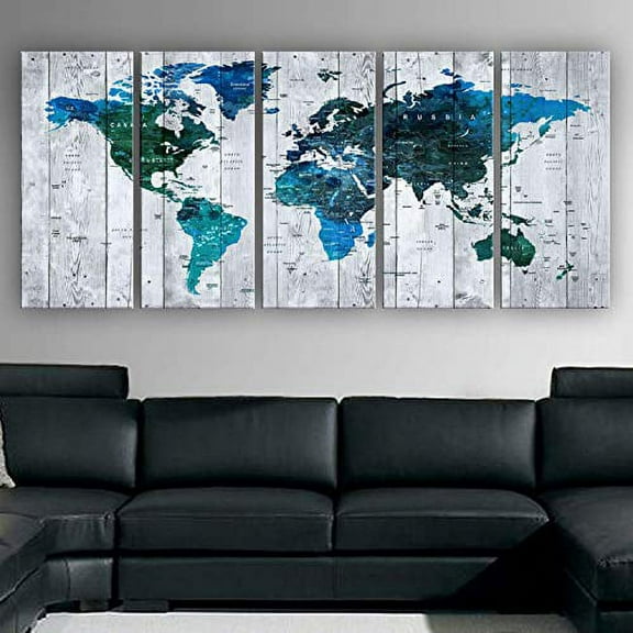 Original by BoxColors Xlarge 30"x 70" 5 Panels 30x14 Ea Art Canvas Print Watercolor Multi Color Map World Push Pin Travel Wall decor (framed 1.5" depth) M1813