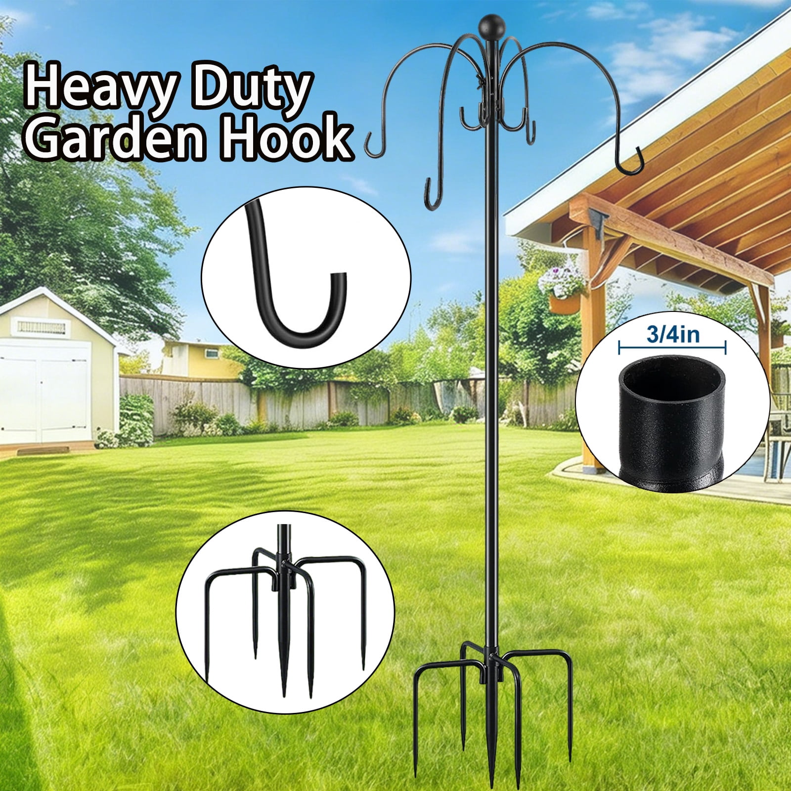 88" Heavy Duty Shepherds Hooks for Outdoor, 4-Hook Adjustable Bird Feeder Pole with Reinforced 5-Prong Base, Garden Hanger Stand for Hanging Plant, Hummingbird Feeder, Lantern, Solar Light
