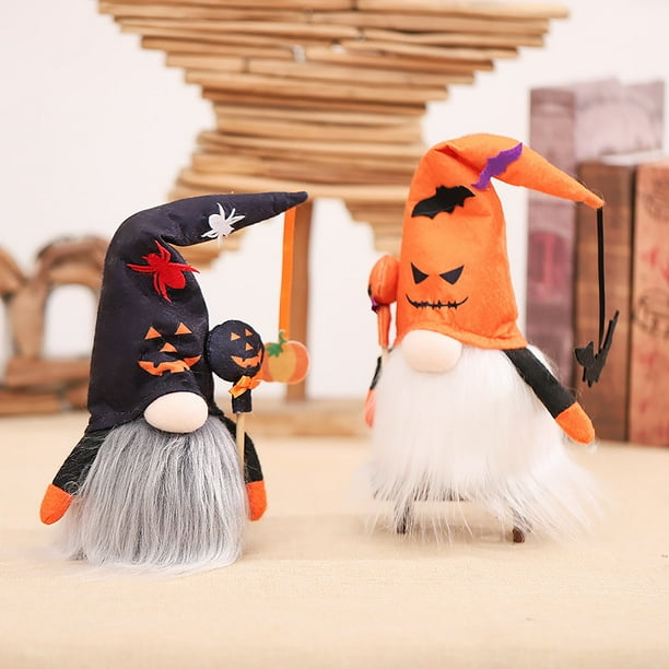 Gnomos de Halloween Decoraciones de Halloween Elfo de felpa hecho a mano Juego de 2 munecas suecas sin rostro Enano escandinavo para Halloween Adornos de mesa para el hogar Decoracion de granja
