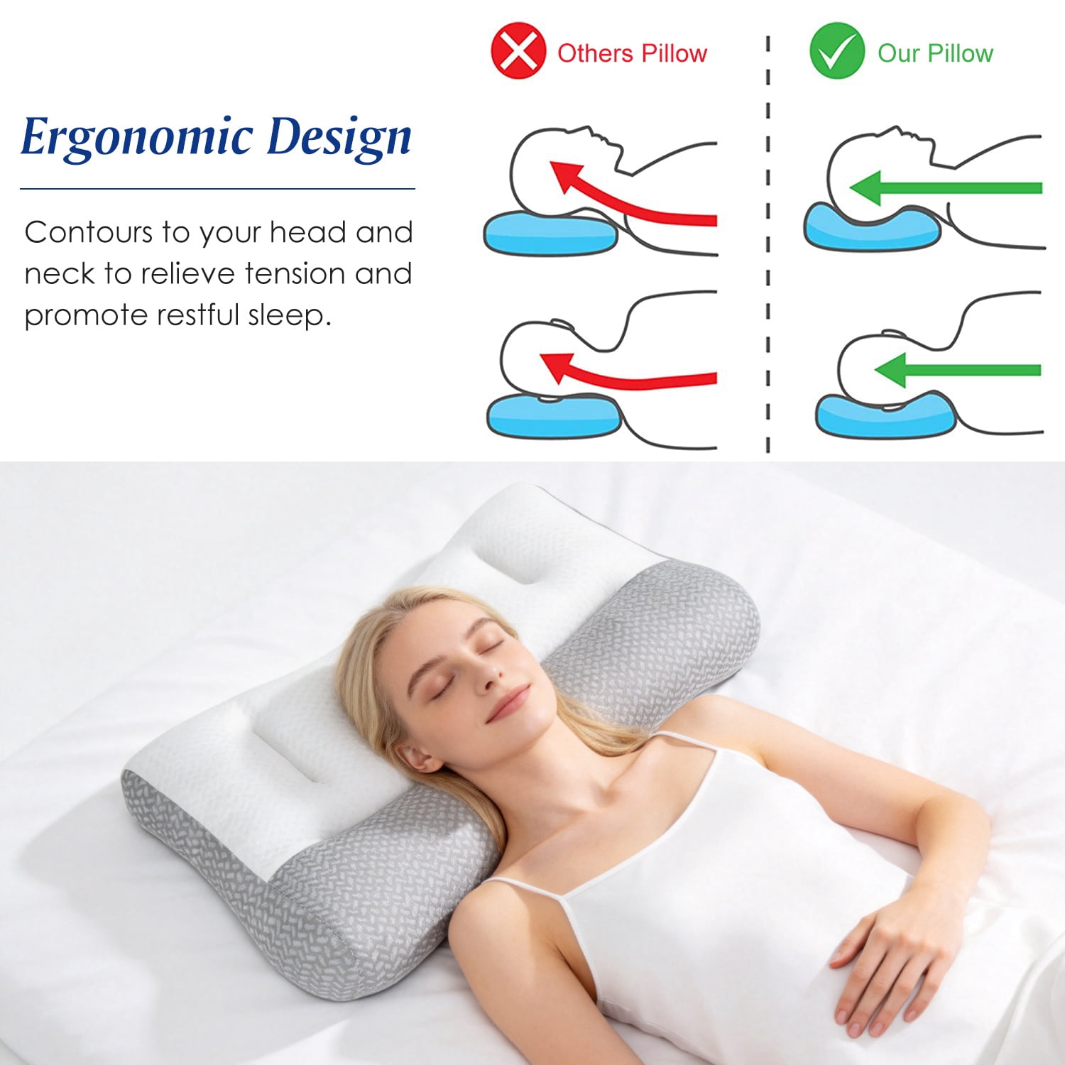 Astoutdoor Dual Zone Support Bed Pillow, Ergonomic Pillow with Ear Cutout for Side Sleepers, Breathable Mesh Cover, Down Alternative Fiber Filling for Home Bedroom Use
