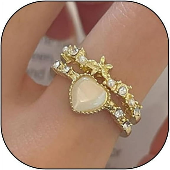 2Pcs Dainty Opal Heart Rings Sets for Women,Pink Sparkling Flowers Cubic Zirconia Stackable Finger Rings Rings Jewelry Gift for Her