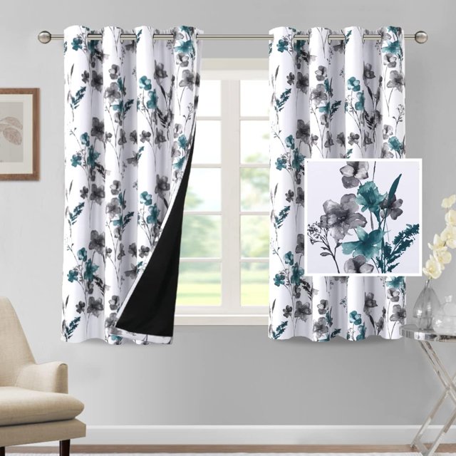 Juego de 2 paneles de cortinas 100 % opacas de 84 pulgadas de largo, cortinas con estampado floral Cattleya, cortinas térmicas florales Leah para dormitorio con forro negro, cortinas a prueba de sonido, gris y azulCattleya, gris/verde azulado, 52 pulgadas de ancho x 54 pulgadas de largo