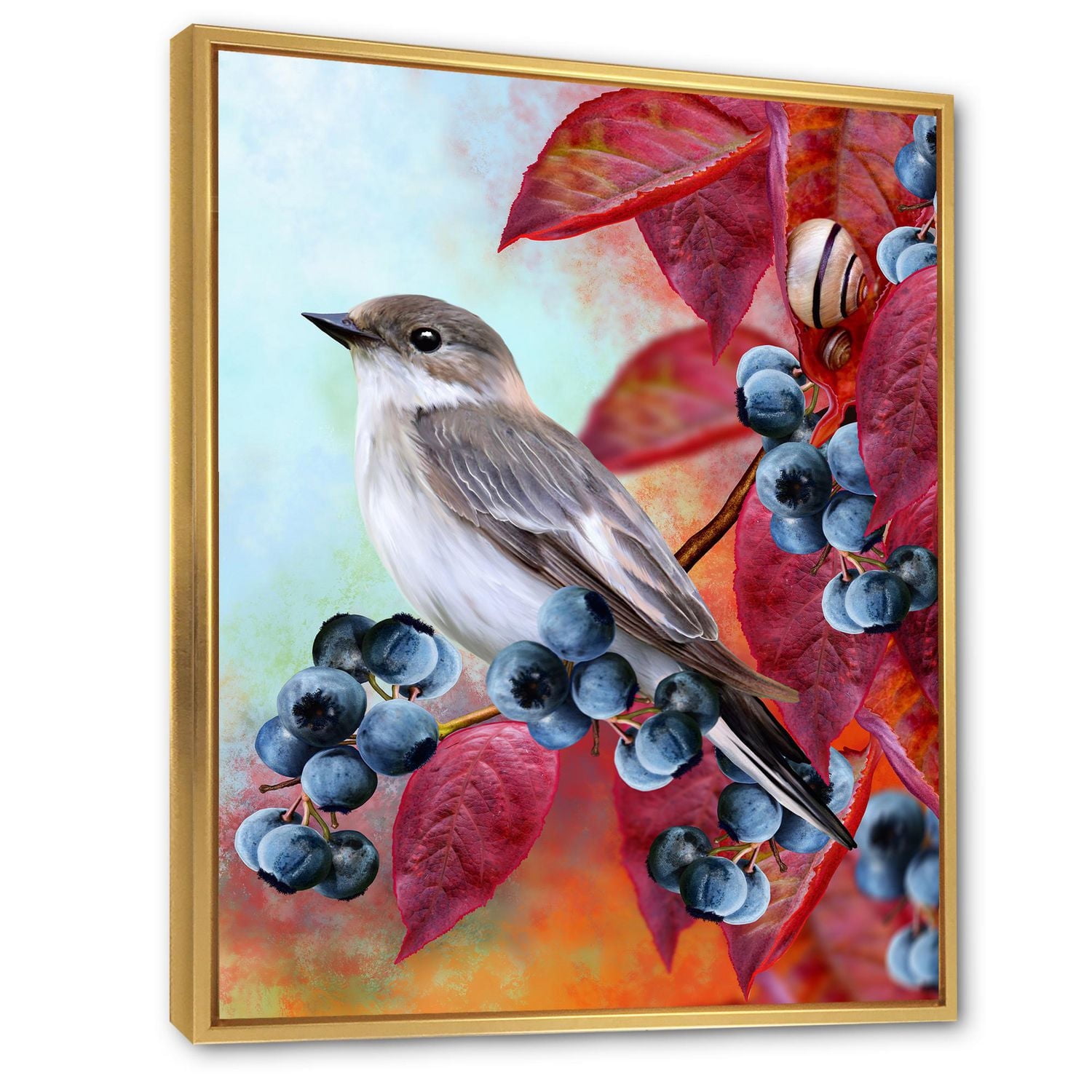 Designart Little Gray Bird On Red Autumn On Blueberry Twig FLOAT FRAME WALL ART