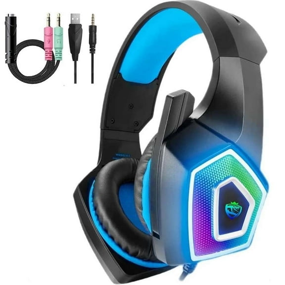 UHM Gaming Headset Wired for PS5 Xbox PC PS4 Switch/Over Ear Gaming Headphones With Surround Sound Mic,LED Light,Soft Memory Earmuffs,3.5MM for Xbox Blue
