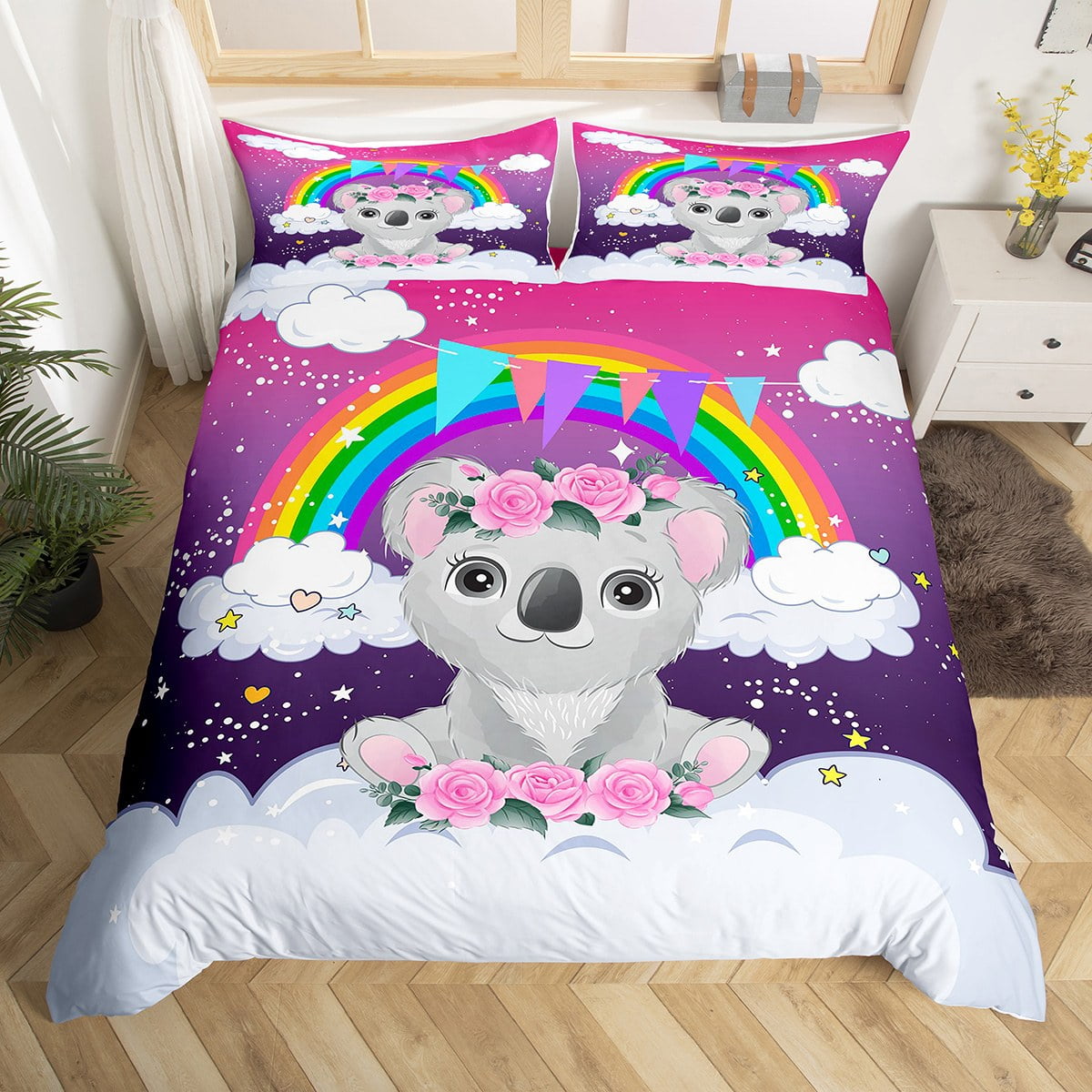 YST Cartoon Koala Duvet Cover,Rainbow Bedding Twin for Girls,Galaxy