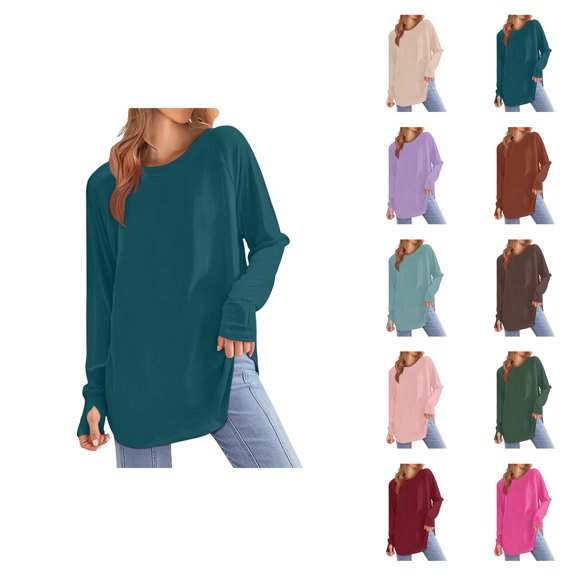 Fall Shirts for Women 2025 Solid Color Loose Fit Crewneck Mid Length Basic Shirt Blouse Long Sleeve Shirts for Women