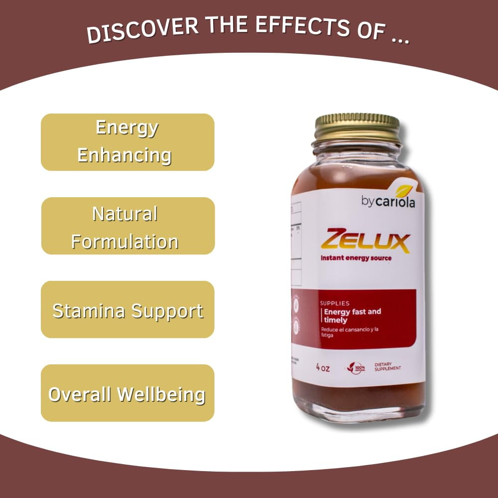 BY CARIOLA Zelux Supplement 4 oz Energy Source - Men's Test Booster - Natural Stamina - Endurance - Energy Booster - Damiana, Tribulus Terrestri, Ginkgo Biloba, Maca