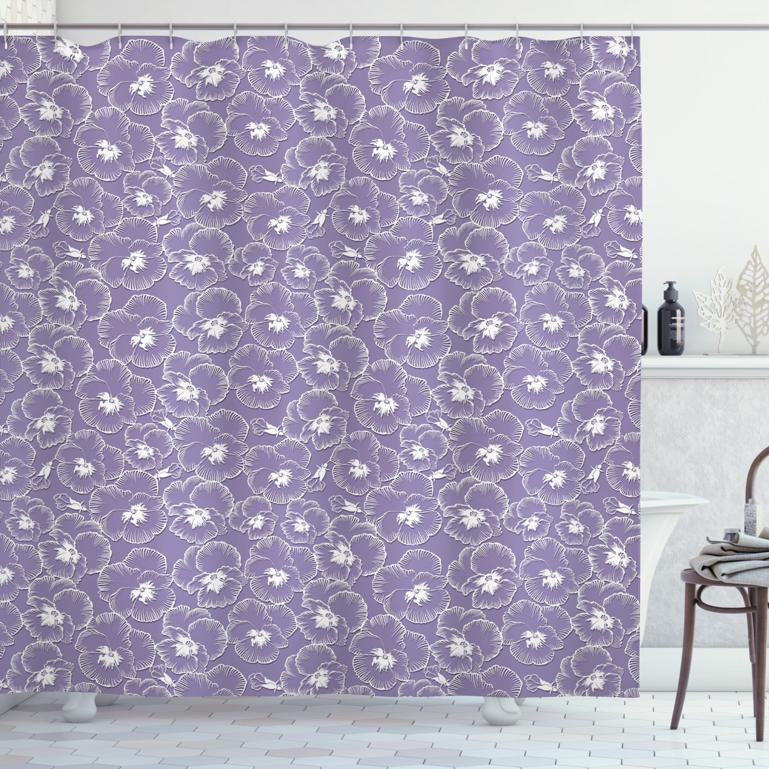 Floral Shower Curtain, Violets of Meadow Pastel Blossoming Swirly