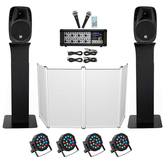 DJ Package w/15" Speakers Bluetooth Mixer Mics Totem Stands Facade Lights