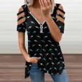 thumbnail image 2 of Abstract Shark Symbols Womens Summer V Neck Zipper Top Short Sleeve T Shirt Off Shoulder Top Casual Classy Loose Shirts, 2 of 7