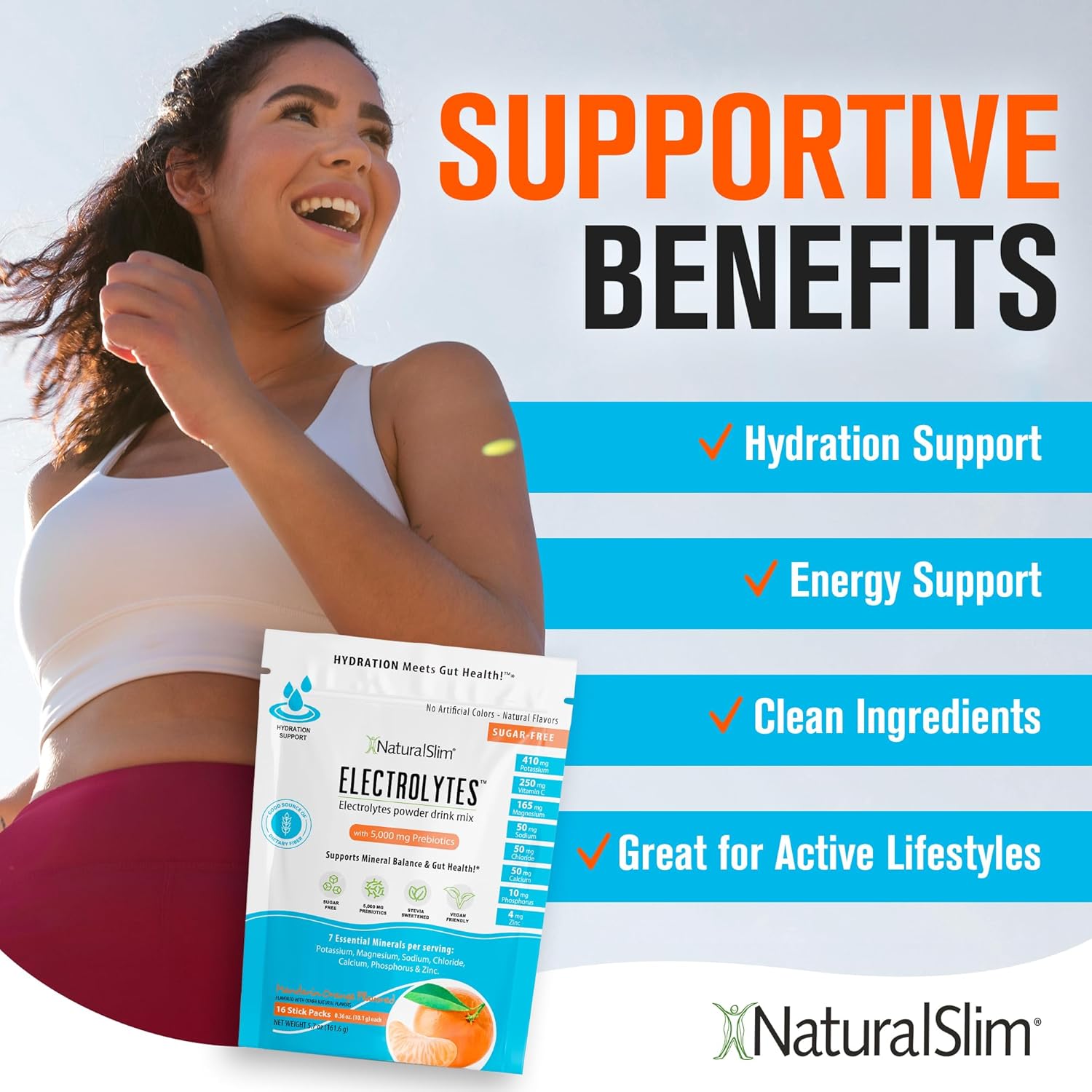 NaturalSlim Electrolytes Powder, Sugar-Free Hydration & Energy Drink Mix with Prebiotics, Mandarin Orange, 16 Stick Packs (5.7 oz)